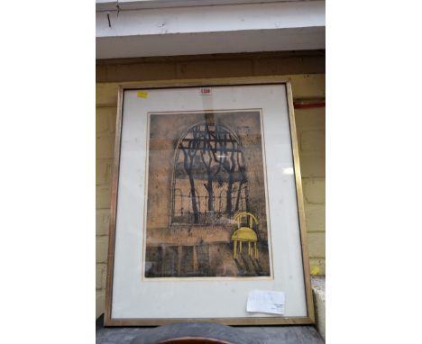 S.M. Halkiewicz, a yellow chair by a window, signed, indistinctly titled and dated 1953, colour print, 41.5 x 29.5cm. 