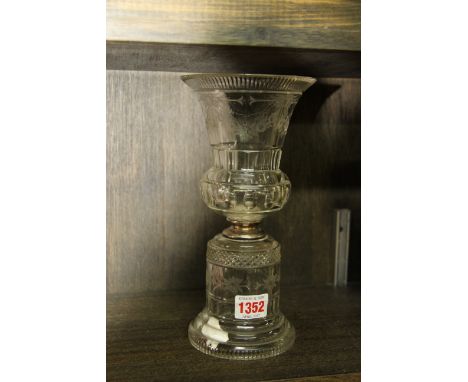 A good Regency style cut and engraved glass pedestal vase or storm lamp, with electroplate mounted socle, 24cm high. 