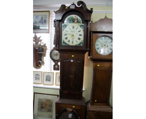 A late George III oak and inlaid 30 hour longcase clock, the 13 inch painted arched dial inscribed 'Brownsword, Derby, 220cm 