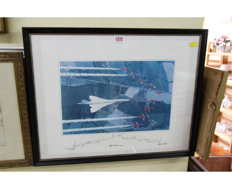 A photographic print of Concorde and The Red Arrows, signed by the pilots and dated 1980, 39.5 x 49.5cm. 
