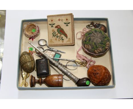 Of sewing interest: a mixed lot to include: thimble cases; steel scissors; a pin cushion, etc. 