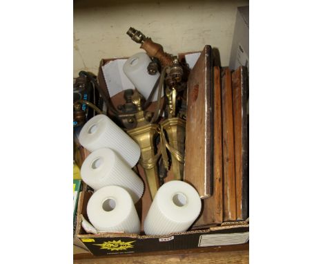 A set of four brass twin branch wall lights; together with another table lamp. 