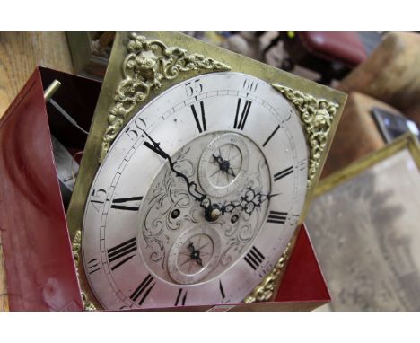 A George III 8 day longcase clock dial and movement, the 13 inch square dial with silvered chapter ring and subsidiary dials.