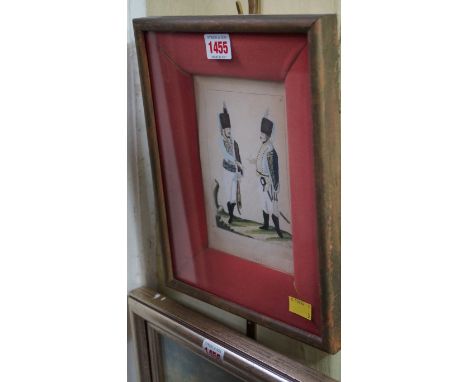 A coloured print of two late 18th century Continental soldiers, I.14 x 10.5cm. 