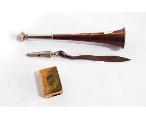 Silver-mounted copper hunting horn, WWI Kohler & Son whistle and brass matchbox cover 