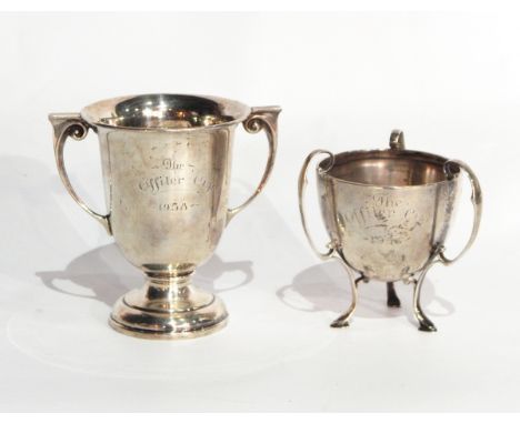 A George V silver two-handled trophy cup with flared rim, on a raised circular foot, the "Offiler Cup 1958", Birmingham 1929,