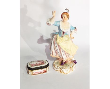 A Meissen porcelain figure of a woman, blue cross swords mark, 20cm high and a late Georgian enamel patch box painted with fi