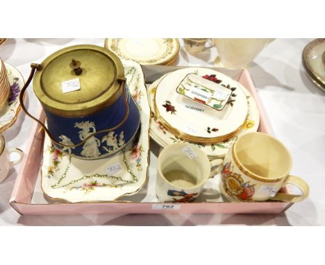 A Shelley Art Nouveau china part tea service, violet decorated, EPNS mounted Jasperware biscuit barrel, embossed and a small 