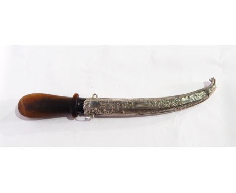 Arabic rhino horn handled knife with foreign silver scabbard, floral and scroll decoration, blade length 23cm, full length 36