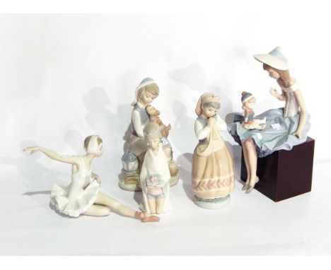 A Lladro porcelain group of girl in bonnet with a child, a Lladro porcelain figure of a girl in head scarf, another girl with