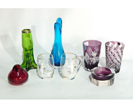 Quantity of decorative glassware including Swarovski animals, paperweights, amethyst cut glass vases, tumblers, pair of Kate 