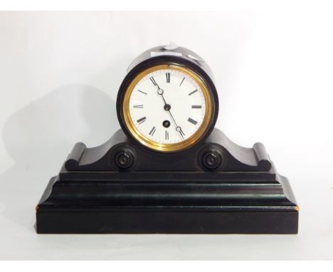 Ebonised mantel timepiece, the drum-shaped movement on scroll and stepped plinth base and stained wood mantel clock with turn