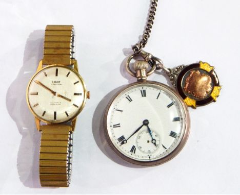 Silver gent's pocket watch and chain with enamel fob together with a Limit gold plated gent's wristwatch with expandable stra