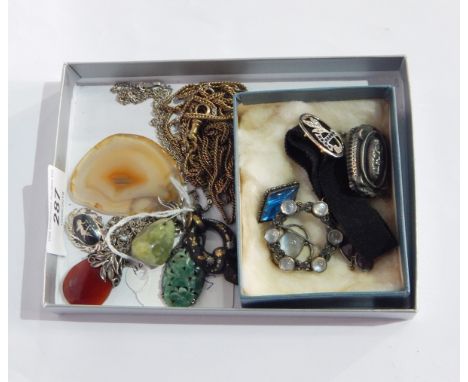 A silver and moonstone circlet brooch, a butterfly wing set brooch, a moonstone set pendant, a Victorian piquework inlaid pen