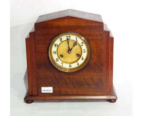 Art Deco style mahogany mantel clock with timing movement, in stepped architectural style case with bun feet, 31cm high 