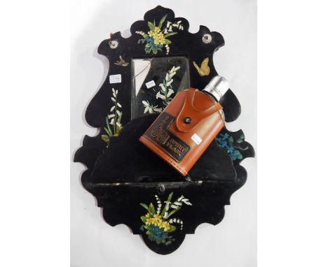 An unattributed Victorian watercolour, study of a rose, a Victorian painted papier mache wall hanging mirror with shelf, flor