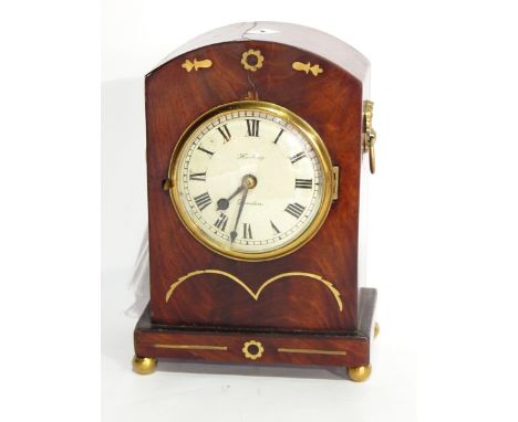 19th century brass inlaid mahogany mantel clock by Harling, London, the arched case inlaid with brass stylised flowerhead and
