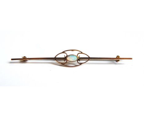 A gold bar brooch set with central oval opal, marked 9ct, in fitted leather case 