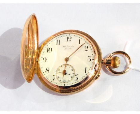 Bensons 9ct gold hunter pocket watch with engine-turned decoration and blind circular cartouche, enamel dial with Arabic nume