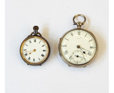 A silver open-faced pocket watch, the enamel dial numbered 77341 and with subsidiary seconds dial and a lady's fob watch 