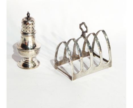 A silver four-division lancet-shaped toast rack with a pepperpot and a caddy spoon and a set of six silver coffee spoons with