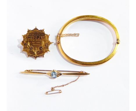 A Victorian 18ct gold and diamond bangle, the top flattened elliptical and set old cut diamonds, 9ct gold 'Mizpah' brooch and