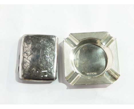 A silver engine-turned ashtray, a Victorian silver cigarette case with engraved decoration and another item 