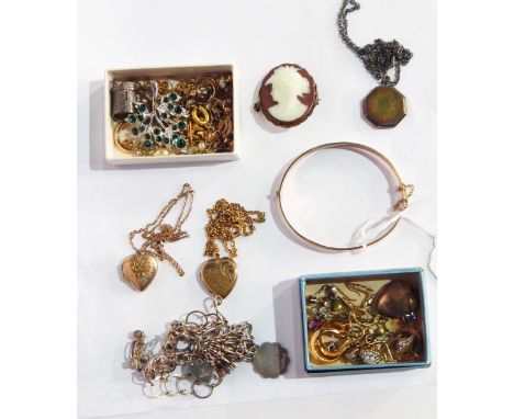 A quantity of gold earrings, silver charm bracelet, gold plated bangle and other jewellery 