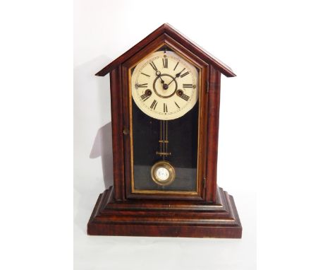 American walnut and stained wood mantel clock in pointed arched case, with glazed door 