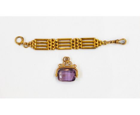 A 9ct gold and amethyst swivel fob on a gate-link section 