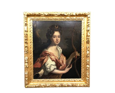 19th Century English School : Portrait of a Young Lady Wearing a White Dress with Red Sash Holding a Bow and Arrow, dog at he