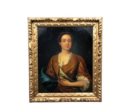 19th Century English School : Portrait of a Lady Wearing a Brown Dress with White Cuffs and Collar, half-length, oil on panel