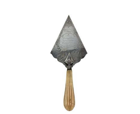 A silver and ivorine presentation trowel, with inscription 'Presented to Duncombe Eden Esq of Beamish Park, on laying the Cor