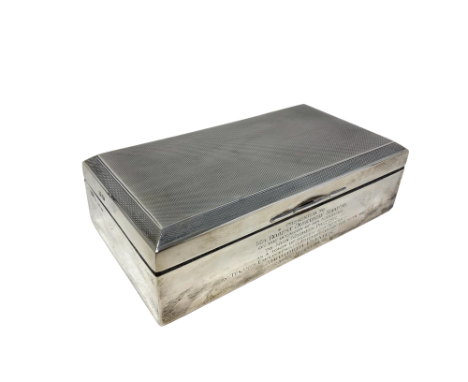 A George VI silver cigarette box, with inscription 'Presented to Mr. Robert Duncombe Shafto on the occasion of his marriage t