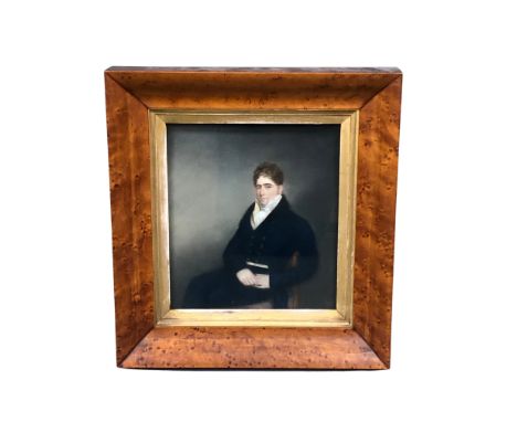 19th Century English School : Portrait of a Seated Gentleman Wearing a Blue Velvet Coat and White Silk Collar, watercolour wi