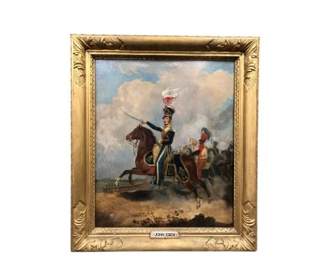 19th Century English School : Portrait of John Eden in military uniform on horseback, oil on canvas, 76 cm 63 cm, framed. 