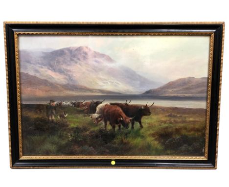 H R Hall (1866-1902): Scotch Cattle on the Way to the Lowlands, oil on canvas, signed, inscribed verso, 40 cm x 60 cm, framed