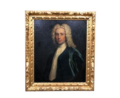 19th Century English School : Portrait of a Gentleman Wearing a Blue Velvet Jacket and White Shirt, half-length, oil on canva