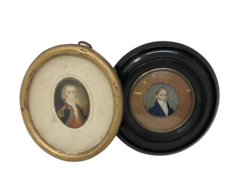 Two early 19th century portrait miniatures depicting a Gentleman wearing a military tunic and a blue jacket, 3 cm x 3 cm &amp
