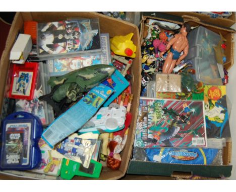Two boxes of mixed modern release and vintage figurines, diecasts, action figures etc include Power Rangers, Star Wars, Lego,