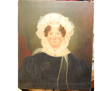19th century English school - Bust portrait of a lady wearing a lace bonnet, oil on canvas, unframed and re-lined, 75 x 62cm 