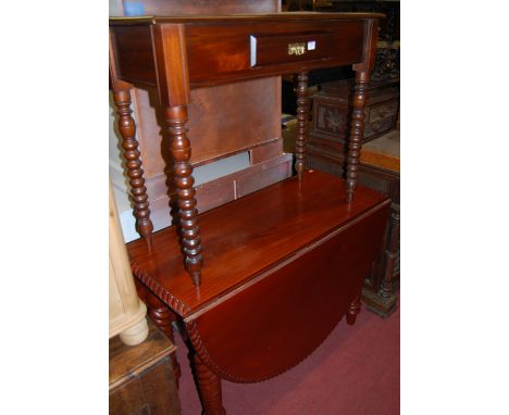 A hardwood single drawer side table raised on bobbin turned supports, together with hardwood drop leaf dining table having a 