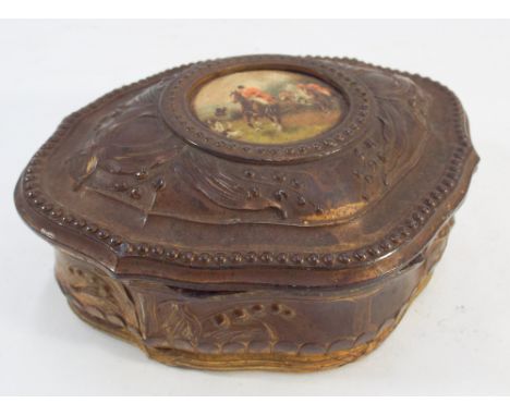 French gilt metal trinket box, the domed lid inset with hunting scene motif and lined with pink silk.  Approx 13cm wide   Gil