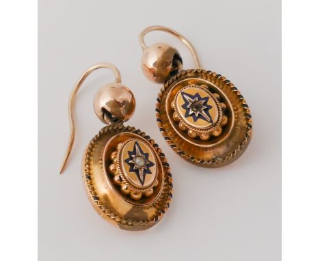 Pair of Victorian gold and blue enamel drop earrings, centre set with seed pearl.  One seed pearl missing.