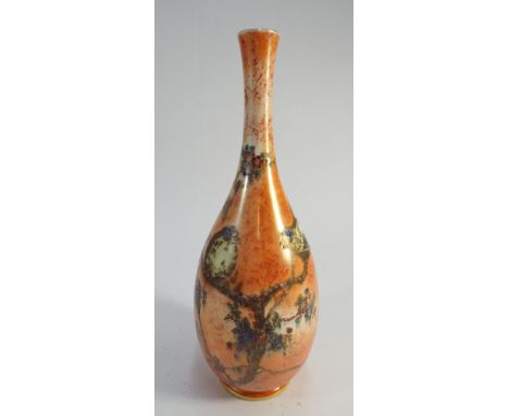 Carltonware lustre glazed narrow necked vase decorated with birds and Prunus blossom on a marbled orange ground with gilded i
