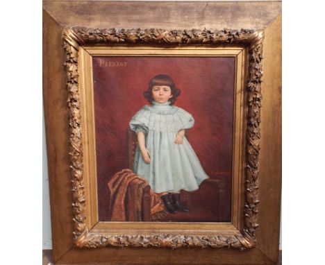 Large 19th century oil portrait of young girl signed Pierrot in a gilt frame - approx 21 x 18"