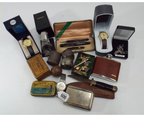 Small collection of boxed wristwatches, napkin rings, old dagger, hip flask etc. 