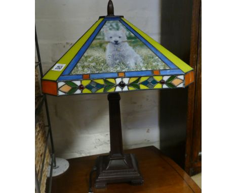 Tiffany style table lamp with West Highland white Terrier decorated shade 