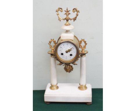 French Empire style gilt striking mantel clock by Japyfrers on white marble base 