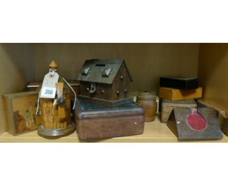 Collection of wooden and other money boxes and trinket boxes 